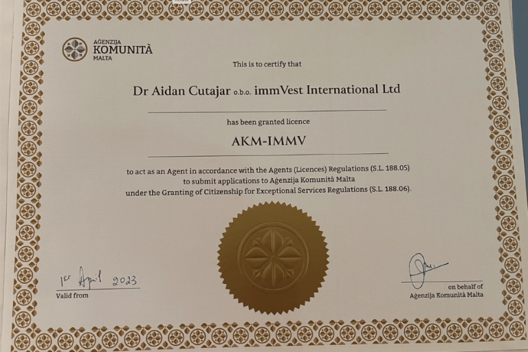 Dr Aidan Cutajar - Licence Malta Immvest International Ltd.