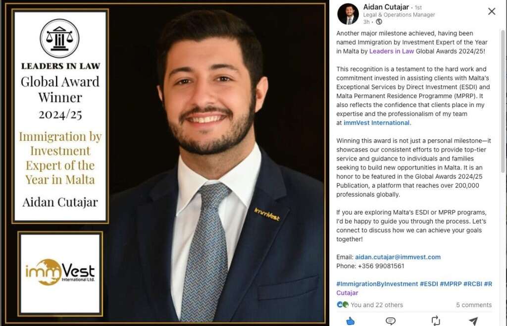 Dr Aidan Cutajar – Immigration by Investment Expert of the year in Malta