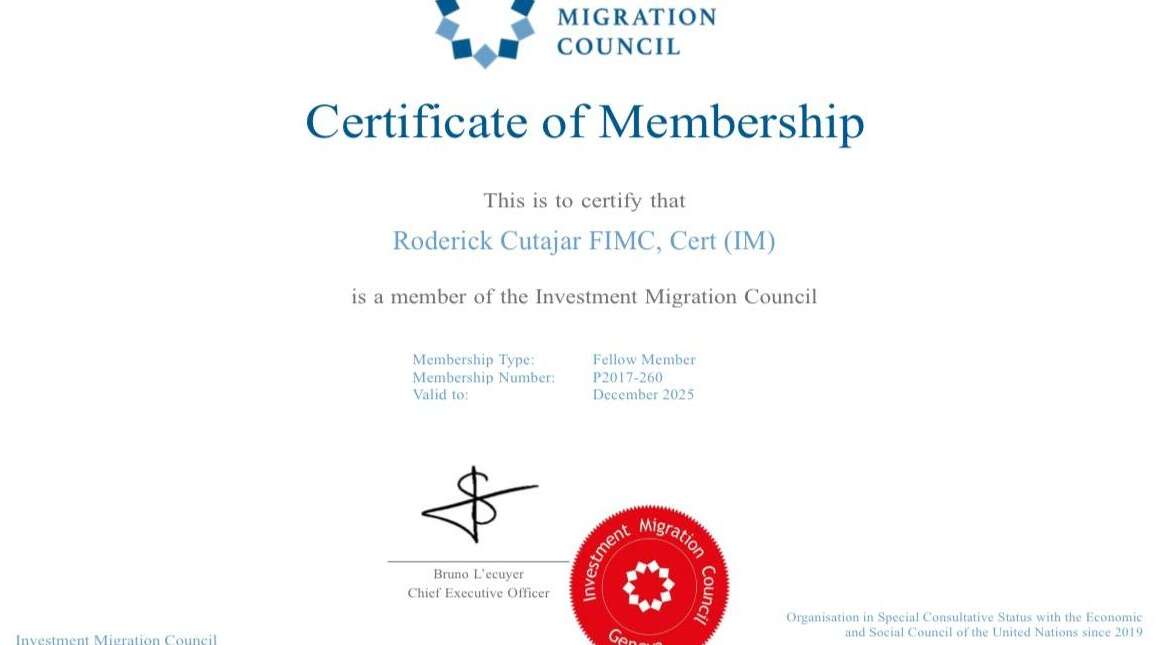 Investment Migration Council – Certificate of Membership