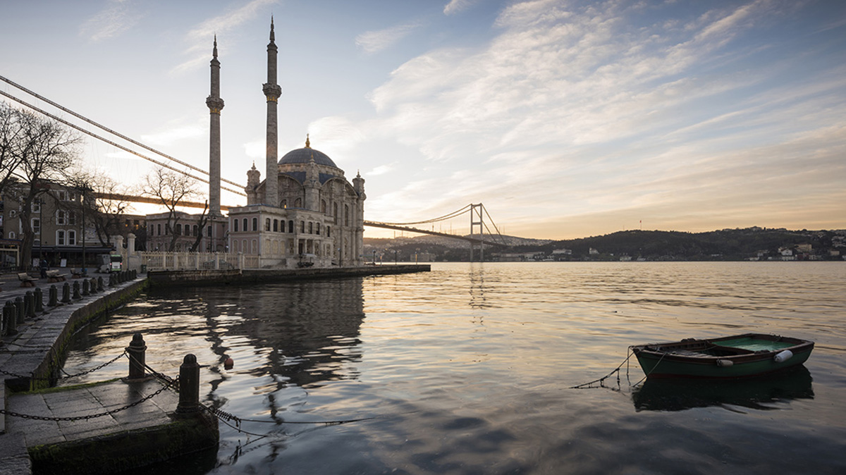 Exterior of Ortakoy Mosque and Bhosphorus bridge at dawn, Ortako