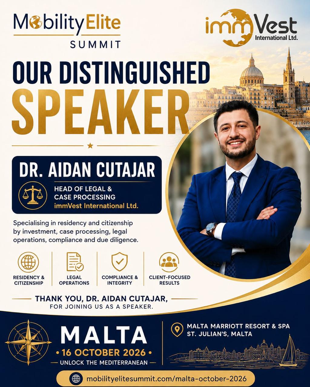 Dr. Aidan Cutajar, Head of Legal and Case Processing at immVest International, speaker at the Mobility Elite Summit Malta on 16 October 2026