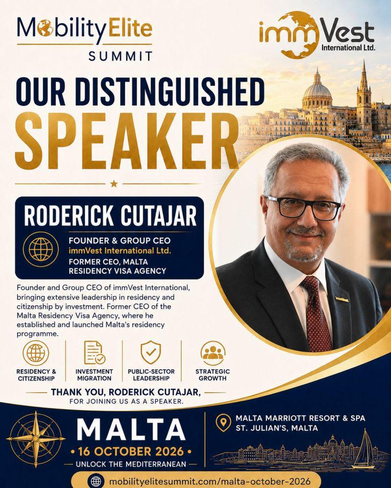Roderick Cutajar, Founder and Group CEO of immVest International, speaker at the Mobility Elite Summit Malta on 16 October 2026